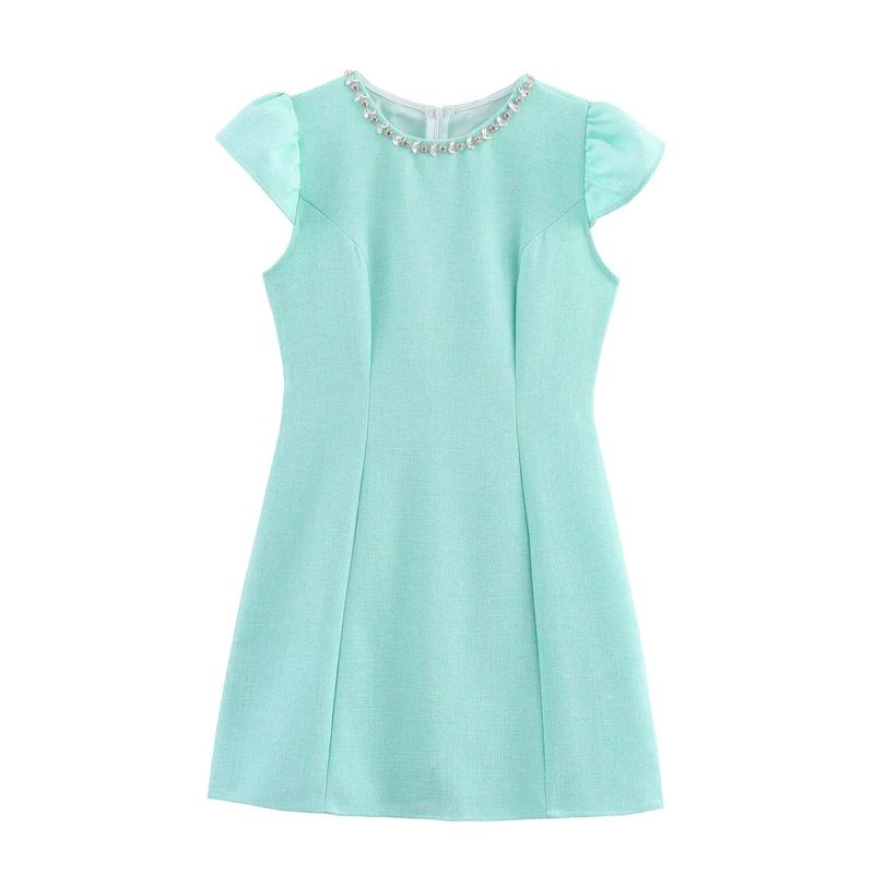 Kaslead New Women clothes Western Style Fashion Simple Heavy Industry Rhinestone Small Flying Sleeve Dress