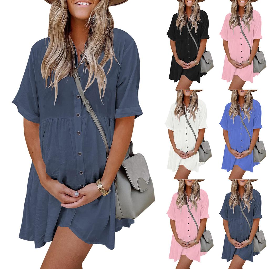 Women's Fashionable Lined Dress With Buttons, Mid Length Short Sleeved Loose Solid Color Dress