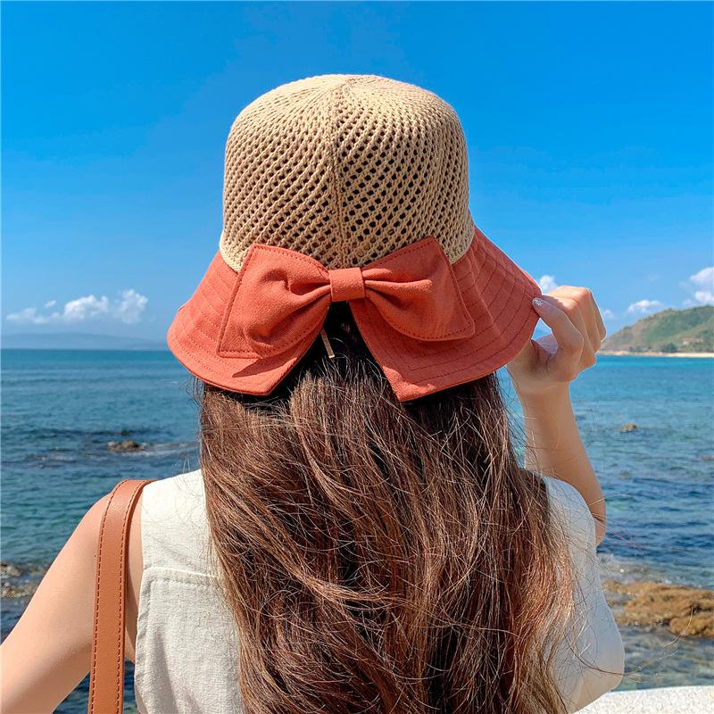 Hat women's summer mesh breathable versatile bucket hat basin hat bow sunshade sunscreen beach sun hat