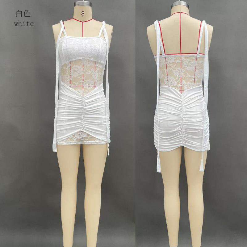 European and American style skirt solid color shrink pleated strap lace splicing micro transparent dress women