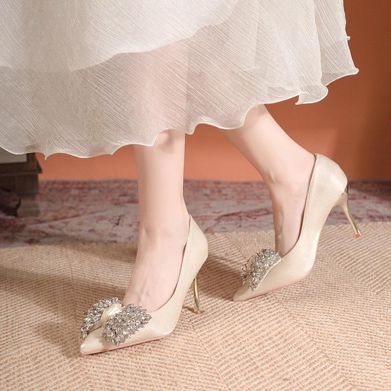 Fashion Spring 2025 New Rhinestone Bow Pointed Toe High Heels Lady Ladies Sweet French Stiletto Single Shoes