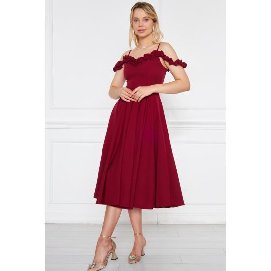 Women's Adjustable Strap Ruffle Detailed Collar Pleated Flared Midi Evening Dress