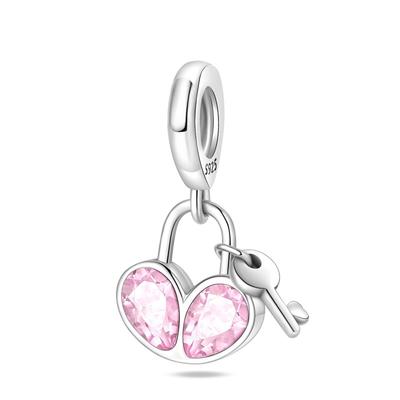 Original Copper Charms Luxury Pink Heart Pendant Lock Key Beads Fit Bracelet Diy Women Making Delicate Gift