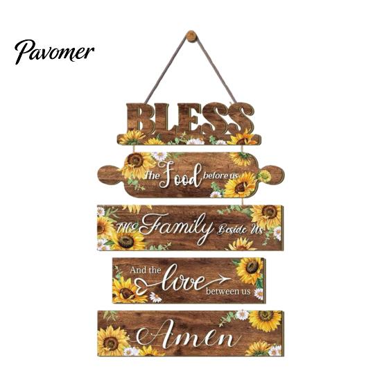 Kitchen Wall Plaque with Rope Wooden Decor, 5 Panel Bless Food Family Love Farmhouse Style Decor Hanging Sign, Art for Dining Room Living Splicing