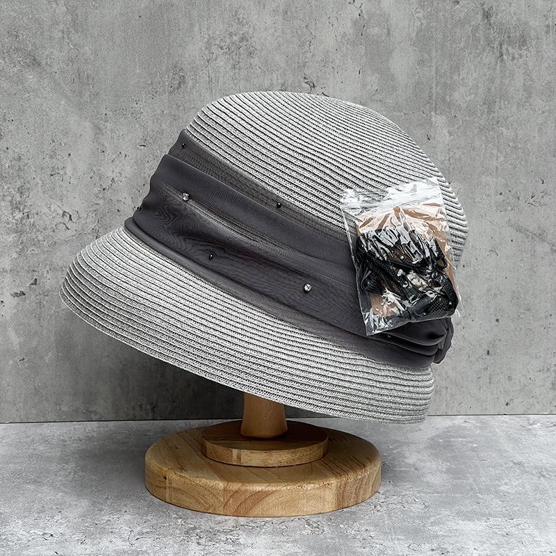 Elegantní Organza Kamínky Jemná Slámová Vazba Přední Dlouhá Zadní Krátká Slámový Klobouk Dámský Letní Skládací Malý Okraj Ochranný Klobouk Klobouk