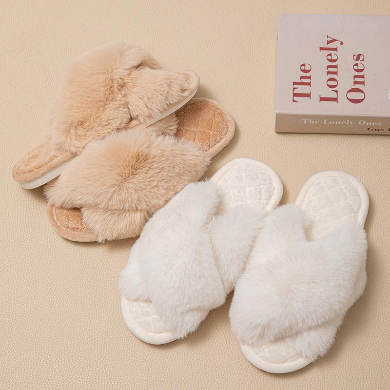 Cross-strapped Plush Slippers Winter Warm Cotton Slippers Indoor Home Warm Plush Slippers