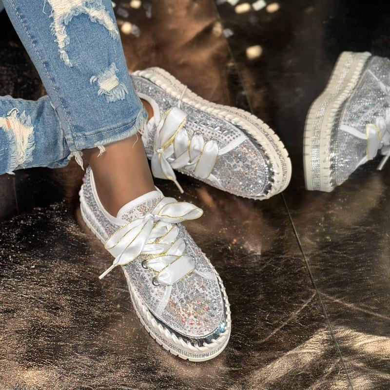 

2026 New Luxury Crystals silk ribbon Sequined Flat With Platform Shoes Lightweight and comfortable Loafers Woman Fashion Shoes 35 серебряный