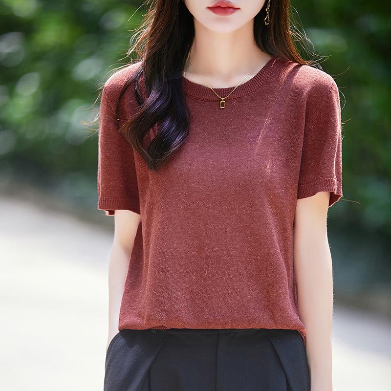 Women's V-Neck Lyocell Linen Knit T-Shirt - Spring/Summer 2026