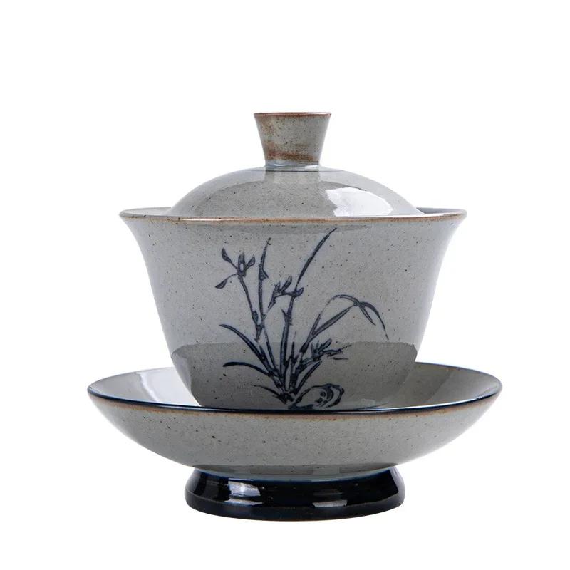 Vintage Firewood Hand Painted Gaiwan, Ceramic Blue and White Ceremony Bowl, Kung Fu Tea Set, Stoneware Brewing Cover, Tureen