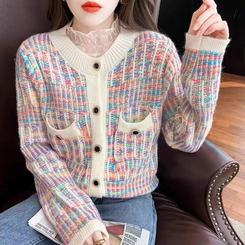 Svetr Rainbow Stripe Pletený Cardigan Dámské 2023 Jarní a Podzimní design Malý Volný a jedinečný Cardigan Dámský kabát