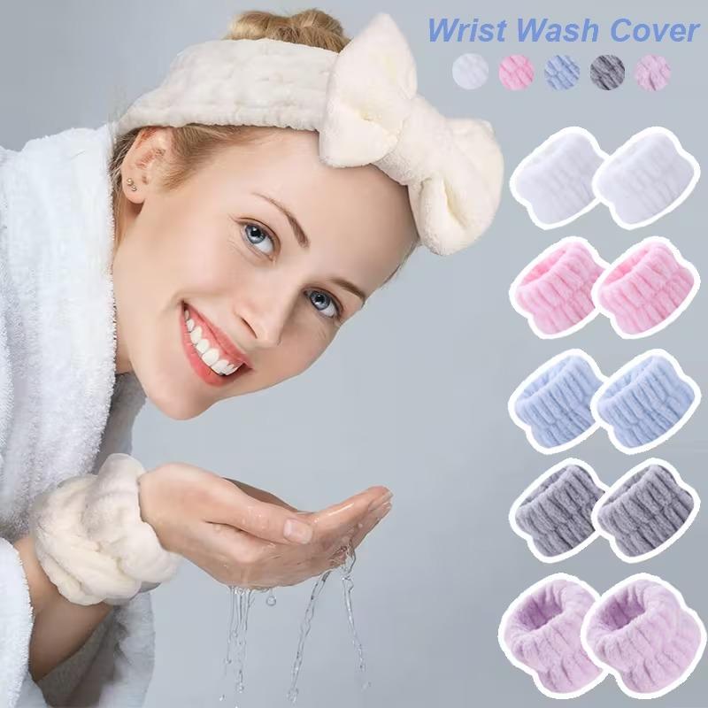 1/2Pairs Women Waterproof Face Wash Set Soft Wristband and Headband for Facial Cleaning Absorbent Microfiber Towel Wristband