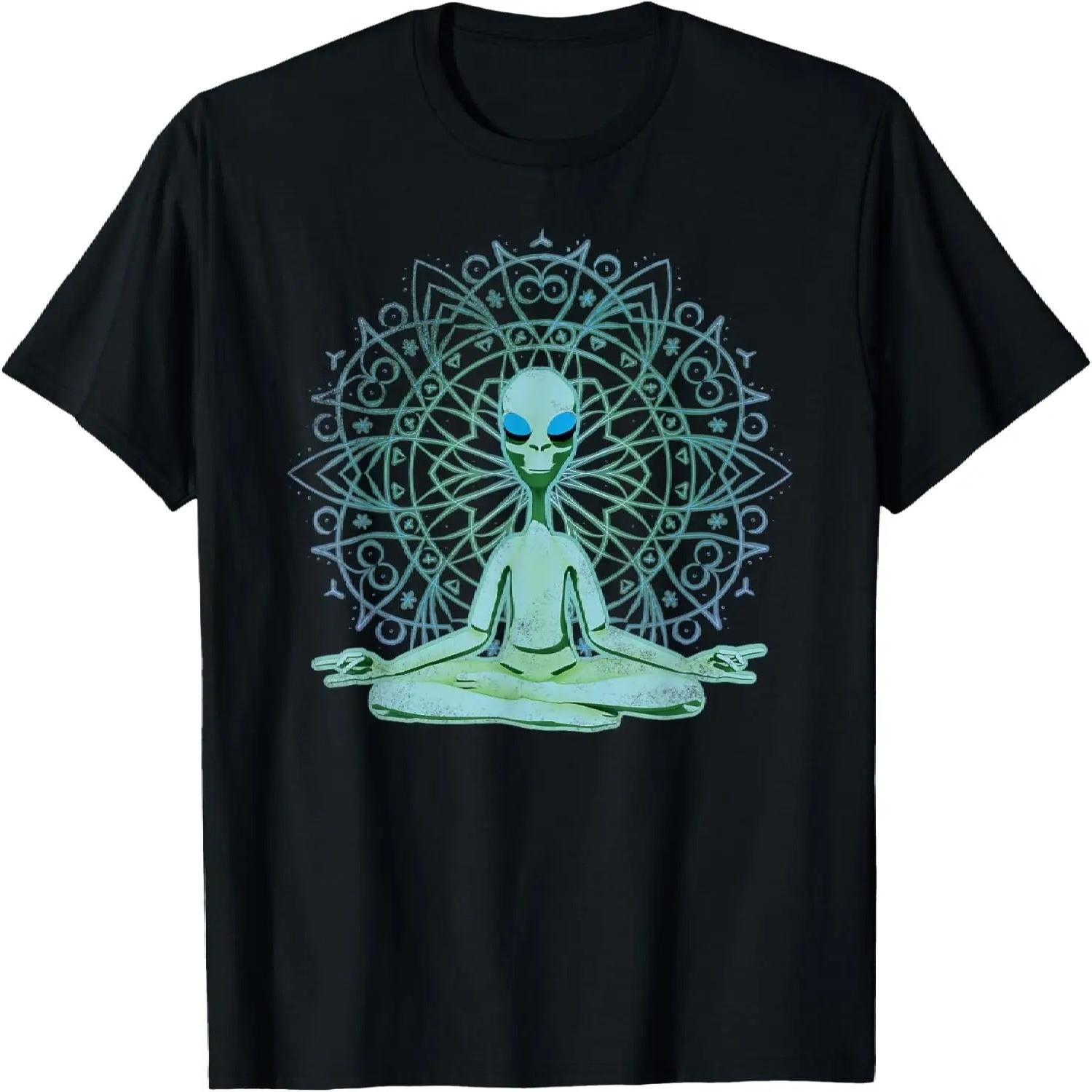 UFO Alien Mandala Meditating Green Alien Lotus Zen Graphic T-Shirt S чёрный