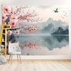 1pc Vintage 3D Cherry Blossom and Mountain Lake Tapestry- Polyester Fabric, Suitable for Living Room, Bedroom, Office Decoration