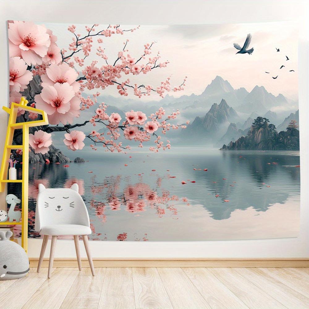 1pc Vintage 3D Cherry Blossom and Mountain Lake Tapestry- Polyester Fabric, Suitable for Living Room, Bedroom, Office Decoration