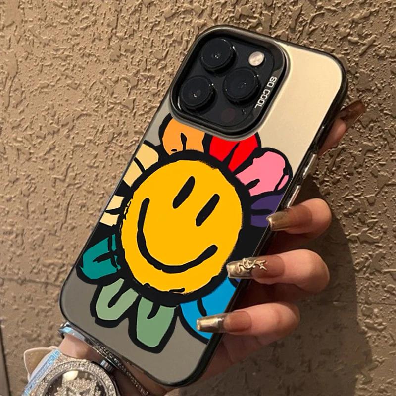 Floral Pattern Sun Smile Face Design For iPhone 16 15 Pro Max 14 13 12 11 ProMax Matte Hard Back Cover Case Funda Coque