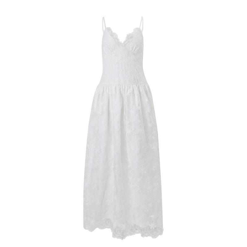 

ins European and American style autumn new sexy pure desire V-neck lace mesh waist pendulum suspender dress women L білий