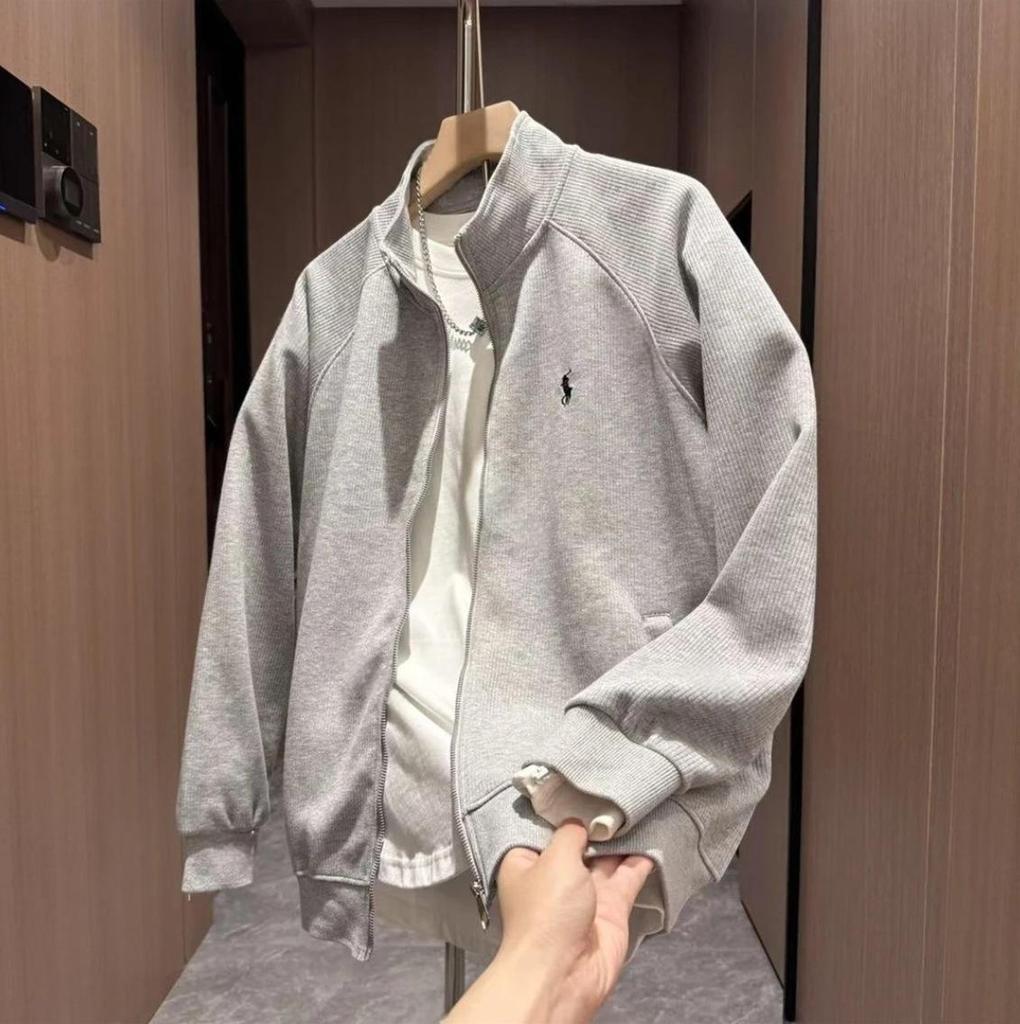 Men's Autumn Embroidered Textured Zipper Stand Collar Casual Cardigan Sweater