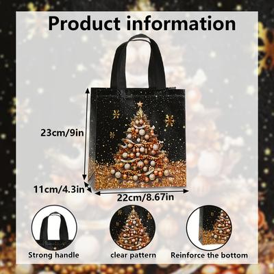 4/12pcs Festive Christmas Gift Bags with Snowman, Tree, Ornament Designs, Black Tote Bags for Shopping -Christmas Gift Bags