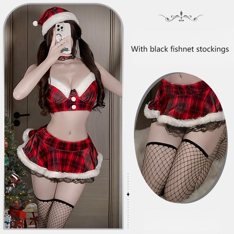 Erotic Sexy Lingerie Women Lace Red Plaid Christmas Costume Santa Claus Sexy Uniform Outfits Cosplay