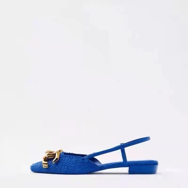 2025 Spring Newest Brand Women Sandal Fashion Buckle Shallow Ladies Elegant Blue Mules Flat Heel Female Dress Slides Shoe