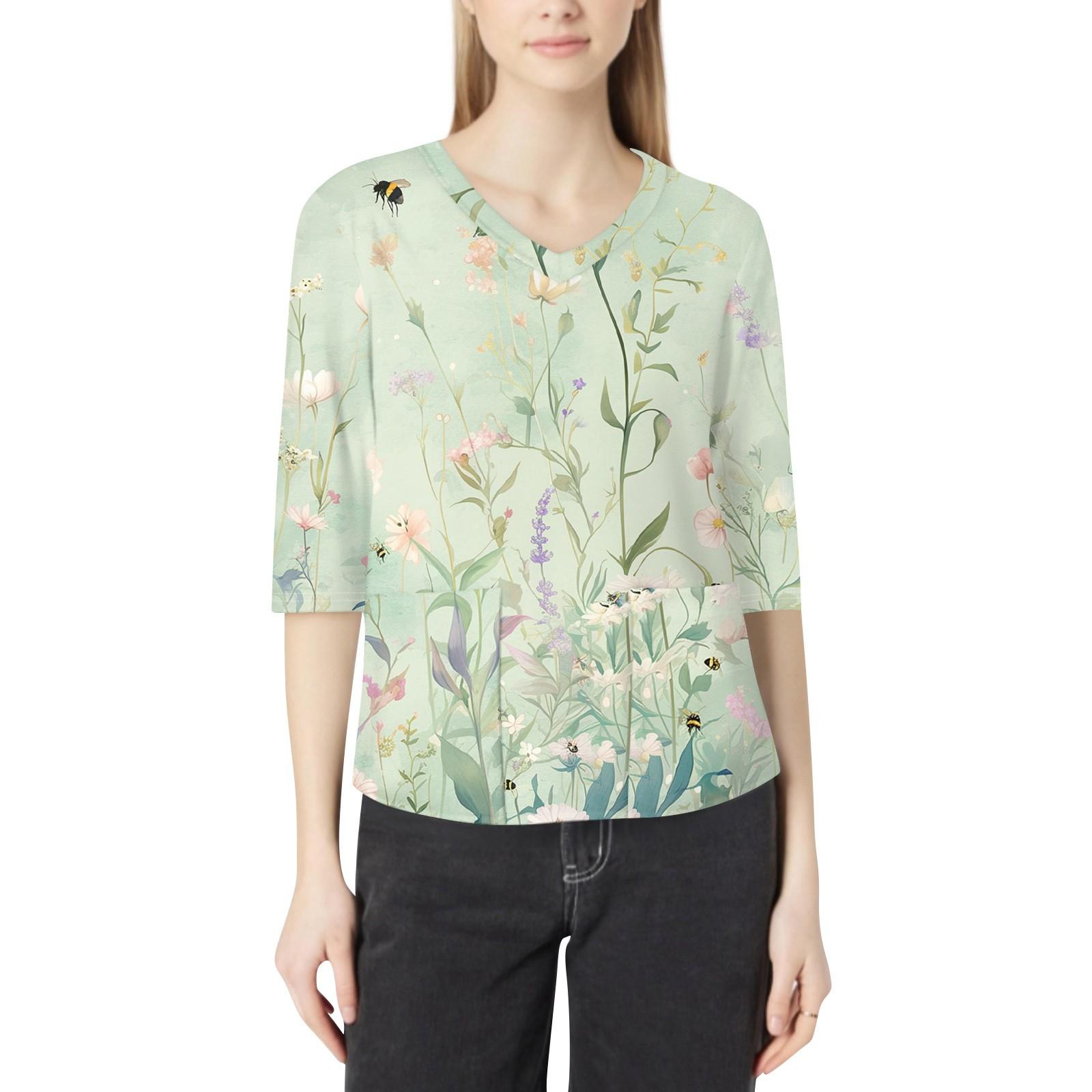 

Модная женская рабочая одежда с v-образным вырезом и рукавами 3/4, свободные топы с карманами и принтом XXL