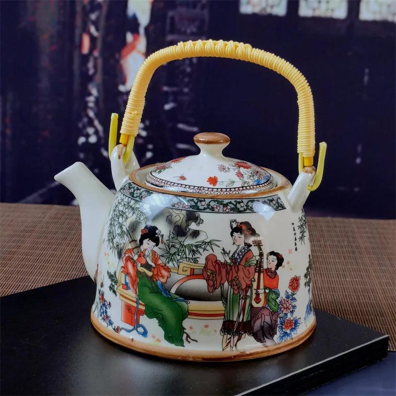 Ceainic din porțelan de uz casnic Oală din ceramică de mare capacitate cu apă rece Oală mare din porțelan, albastru și alb, cu mâner cu buclă