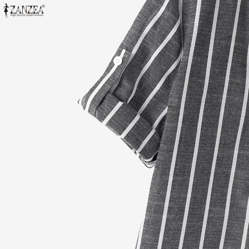 ZANZEA Women Casual V-Neck Short Sleeve Loose Stripe Blouse