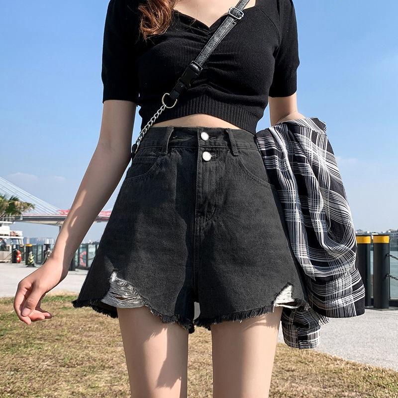 

Брюки Классика и минимализм Мода Универсальные Летние Женские С Высокой Талией Сломанные Дырки Тонкие А-силуэта Широкие Свободные Шорты Из Джинса Индивидуальность L черный серый