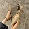 H37738 Black High Heels Thick Heel 5cm Pointed Hollow High Heels Women's Spring New One-word Buckle Single Shoes Low Heel