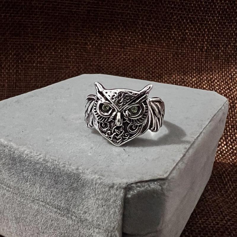 Retro Green Eye Owls Ring For Men Silver Punk Gothic Adjustable Handmade Rock Hiphop Biker Jewelry Gift