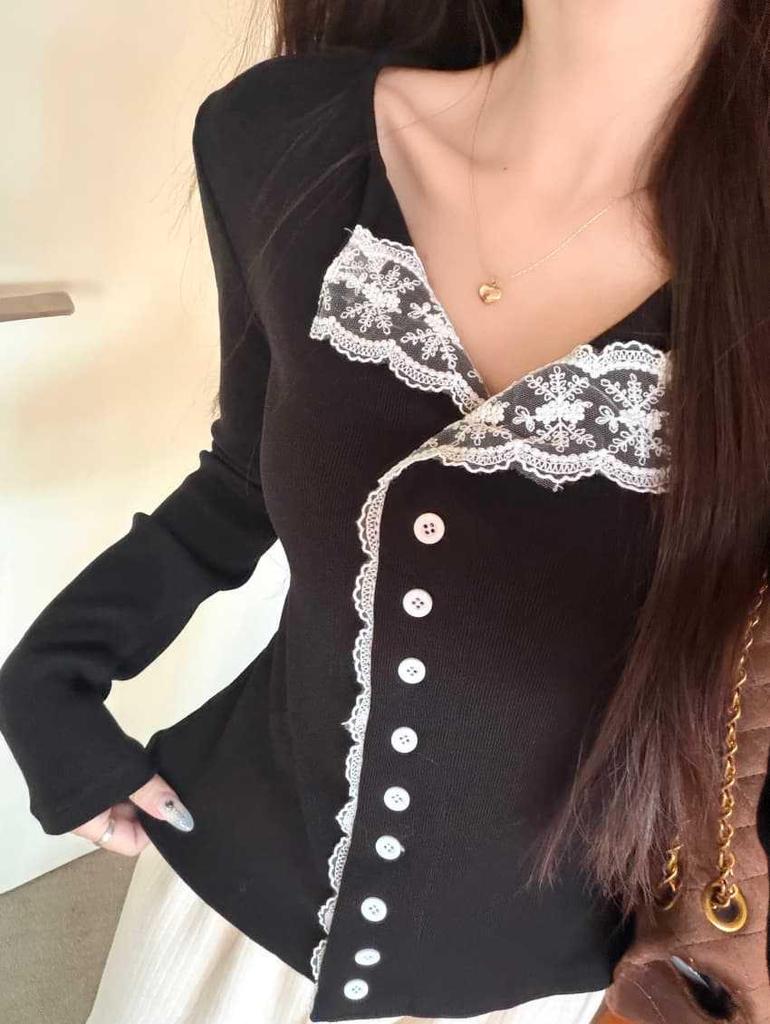 Women's Elegant Lace Spliced Long-Sleeve Cardigan - Slim-Fit, Chic & Versatile Winter Design