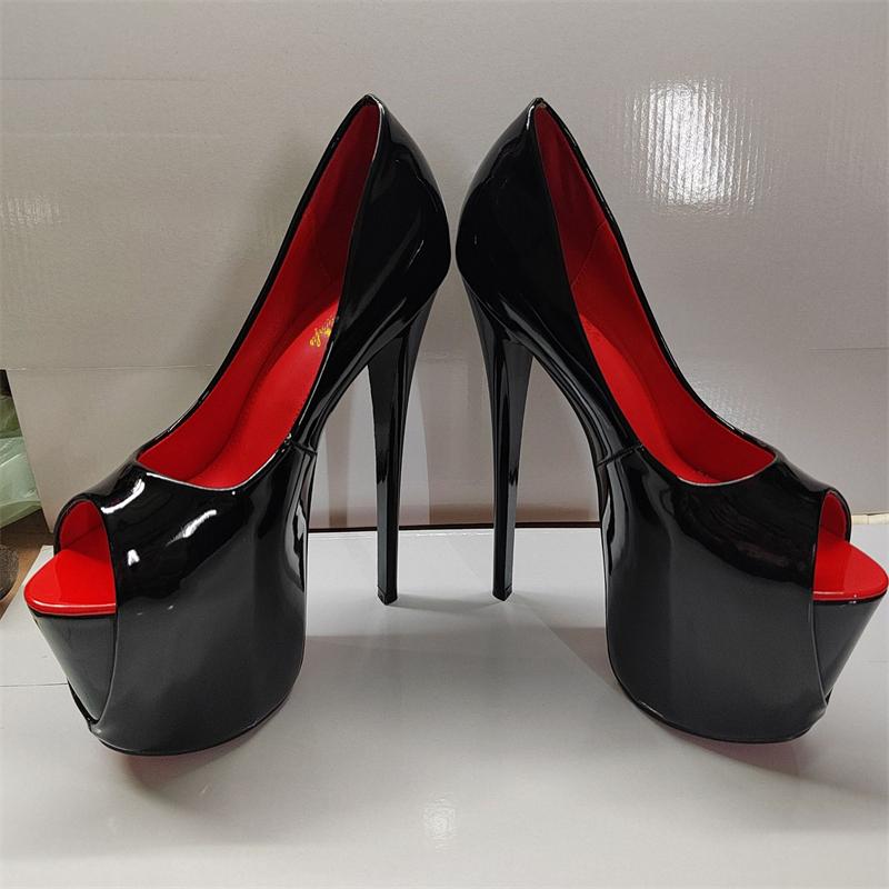 Pantofi cu toc super înalt cu platformă de 19 cm Sexy peep toe lăcuiți negri roșii pentru femei cu toc pentru birou petrecere fetiș nuntă mărime mare 50