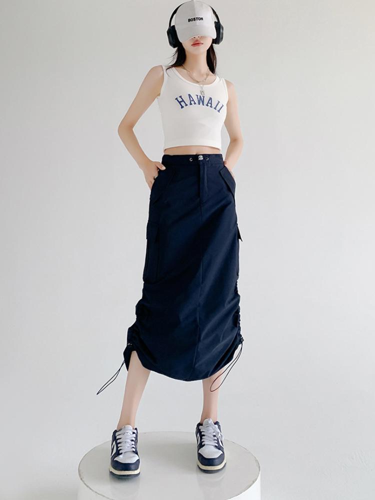 Cargo Midi Skirt Women Summer Slim High Waist Slit A-line Skirt Stitching Drawstring Female Streetwear Vintage Y2K Grey