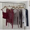 2KWEIRD Women Retro Y2K Hot Girl One Shoulder Mesh Sunscreen Cover Up Camisole Long Sleeve T-Shirt Two-piece Tops Suit Daily Outfit