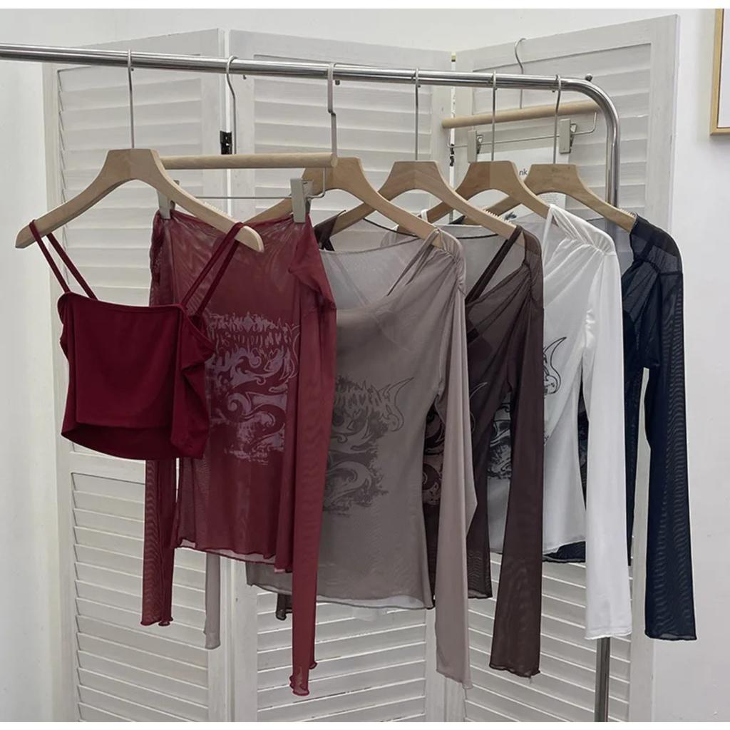 2KWEIRD Women Retro Y2K Hot Girl One Shoulder Mesh Sunscreen Cover Up Camisole Long Sleeve T-Shirt Two-piece Tops Suit Daily Outfit