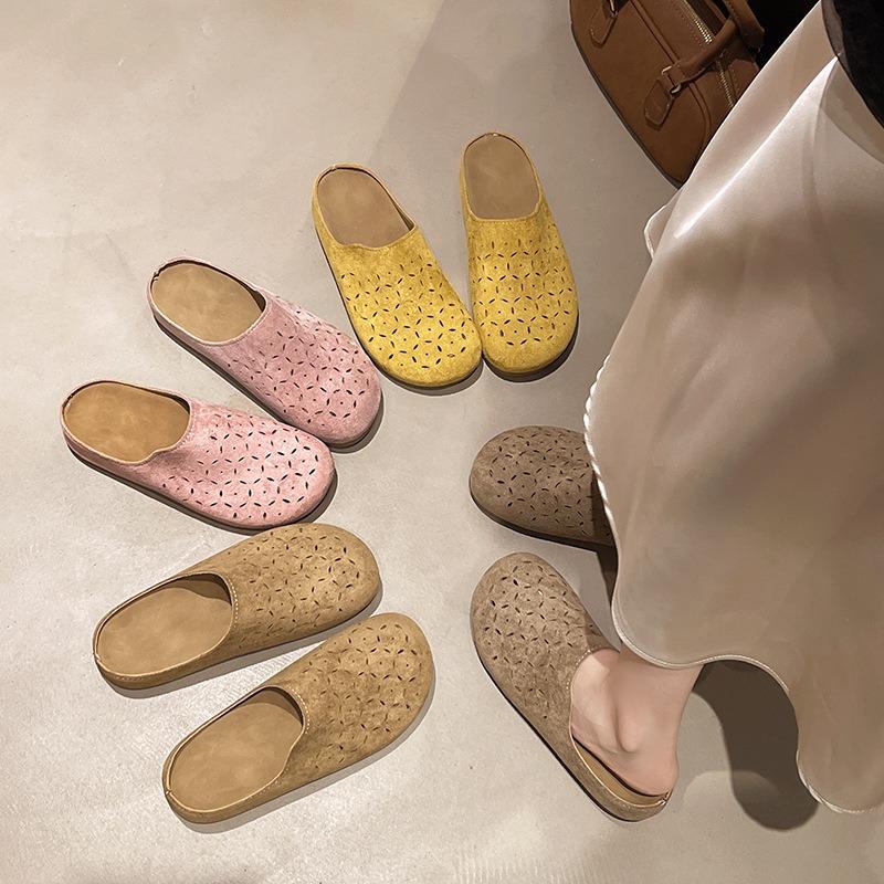 New cowhide thick-soled bag head half slippers women's summer wear hollow hole shoes one foot sandals