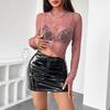 Women Tops Half High Collar Long Sleeve Embroidery Lace Flower Pattern Blouse Perspective