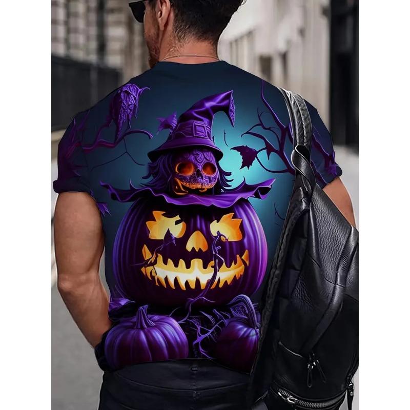 Men's Halloween Pattern Printed T-shirt Sports Short Sleeved Crew Neck T-shirt for Summer Outdoor Fitness Workout Men's Clothing