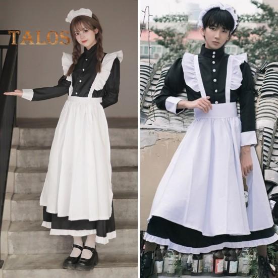 1 Set Maid Cosplay Dress Set Includes Apron Headband Bow And Socks Unisex A-Line Calf-Length Contrast Color Ruffle Dress Parties Photography Servant