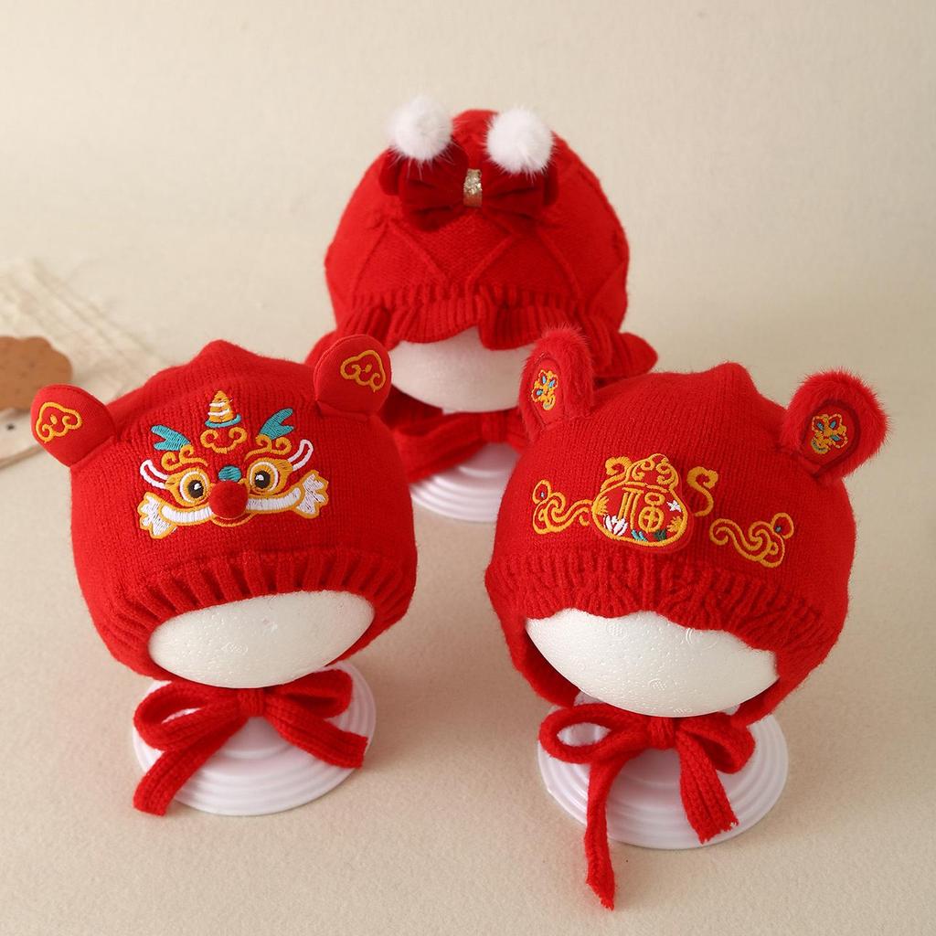 Unisex Baby Red Knitted Wool Hat with Ear Protection - Festive National Tide Style, Warm for Winter & New Year