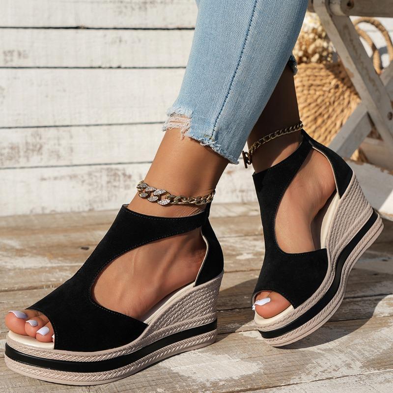 Fashion Summer New Wedge Heel Thick-soled Sandals for Women Solid Color Fish Mouth Platform High Heel Back Zipper Sandal Sandalias Mujer