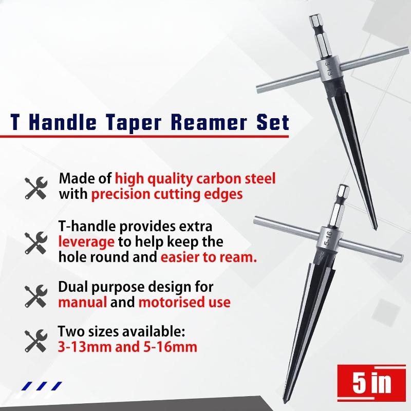 Woodwork Taper Reamer 3-13/5-16mm T-Handle Hand Held Tapered Reamers Wooden Board Electric Drill Deburring Hexagonal Handle Tool