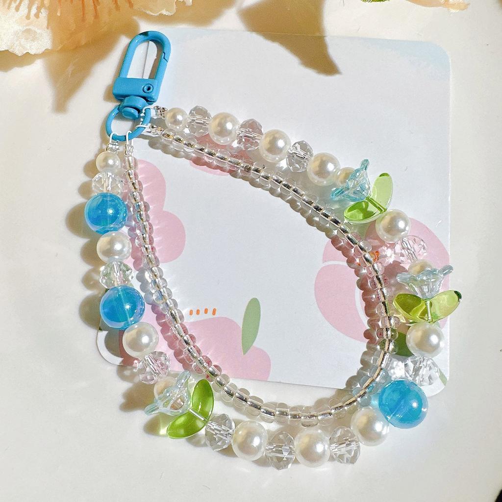 Fashion Double Layer Flower Beaded Charm Pendant Chain Phone Strap Pocket Keychain Strap Decoration for Keys Bag Purse