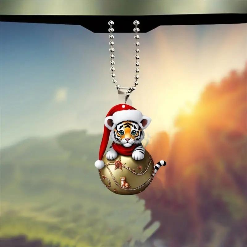 Car Decor Keychain With Cute Tiger Wearing Christmas Hat Design Acrylic Pendant For Home And Travel