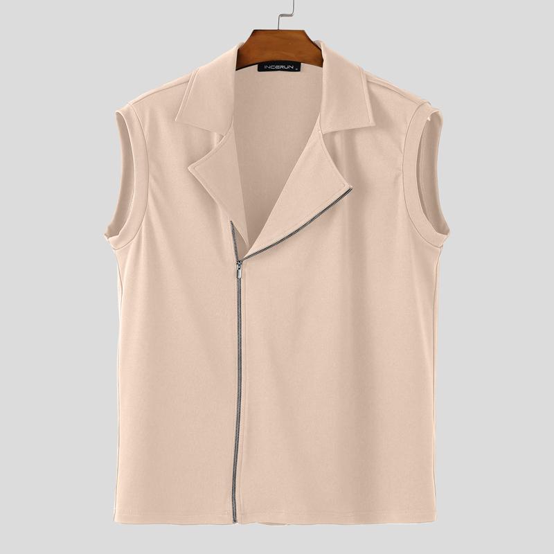 

INCERUN Men Lapel Neck Sleeveless Zipper Thin Casual Sport Tanks Tops Vest 5XL абрикосовый