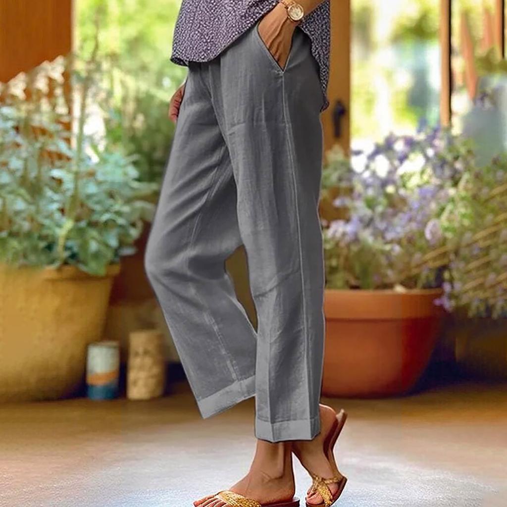 Women's Cotton Linen Trousers Elastic Waist Wide Leg Pants Casual Tracksuit Bottom Joggers