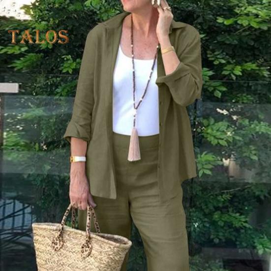 2-teiliges Set mit Hemd und Hose für Damen, lockeres Revers, einreihig, mittellange Langarmbluse, hohe elastische Taille, Hose mit weitem Bein, Alltagskleidung