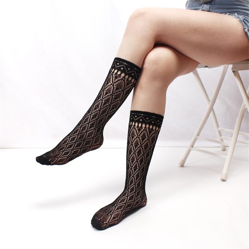 1 Pair Japanese Styles Fishnet Mesh Hollowout Patterned Stockings Breathable Thin Middle Calf Socks for Women and Girls