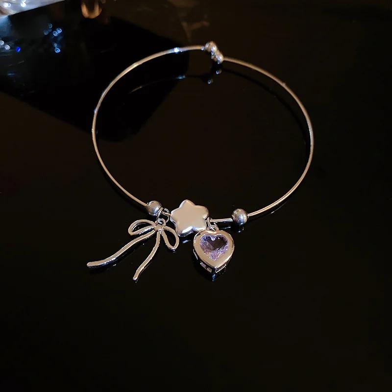 Pink Heart-shaped Bow Silver Bracelet for Women Creative Light Luxury and Niche Exquisite Bracelet New Sweet Style Star Jewelry