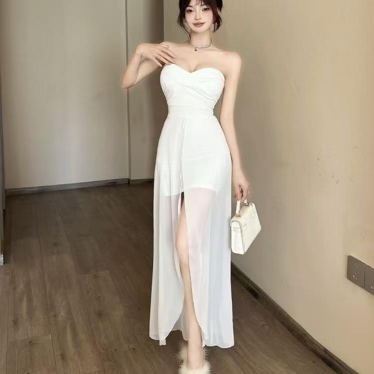 Tube Top Dress Women's Summer New Pure Desire French White Hip-wrapped Long Dress One-word Shoulder Mesh Thin Skirt